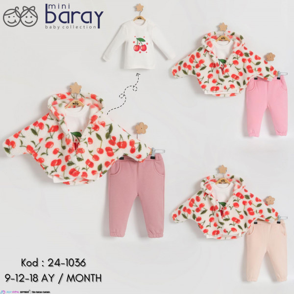 BARAY 1036 WELSOFT PELERIN KIRAZLI KIZ 3LÜ TAKIM