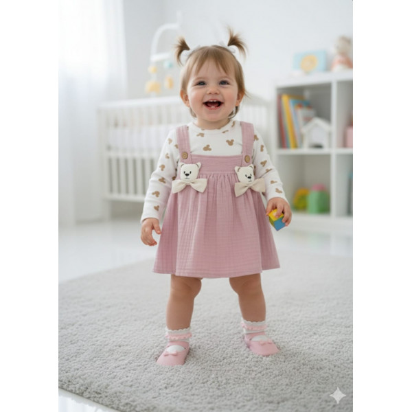 CANKUŞ 0547 MÜSLİN AYICIKLI BASKILI ELBİSE
