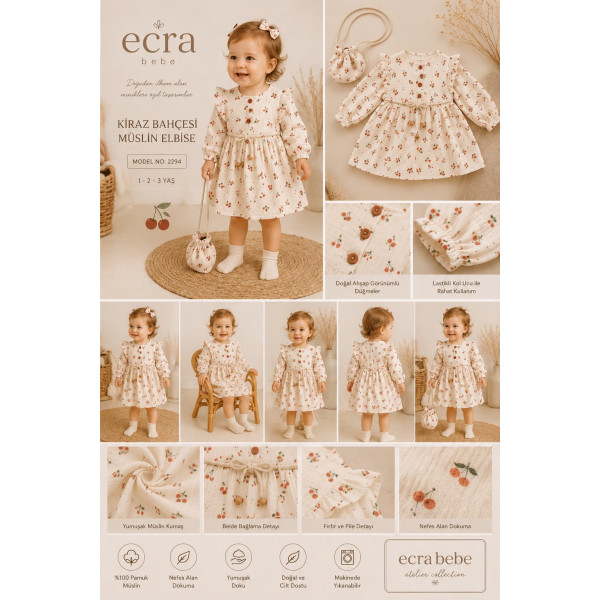 ECRA 2294 KIRAZLI ÇANTALI MÜSLIN ELBISE